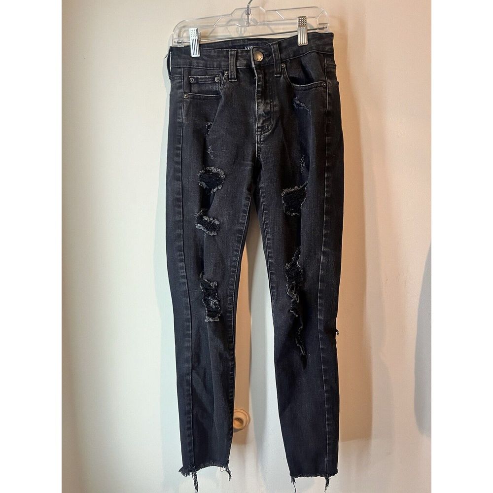 Aero High‎ Rise Distressed Black Skinny Jeans Raw Hem Size 4